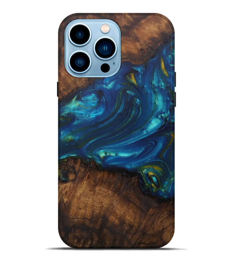 iPhone 14 Pro Max Wood+Resin Live Edge Phone Case - Saree (Teal & Gold, 585567)