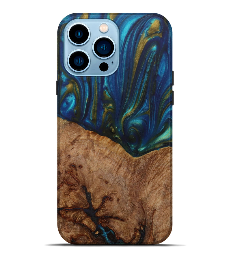 iPhone 14 Pro Max Wood+Resin Live Edge Phone Case - Boston (Teal & Gold, 620150)