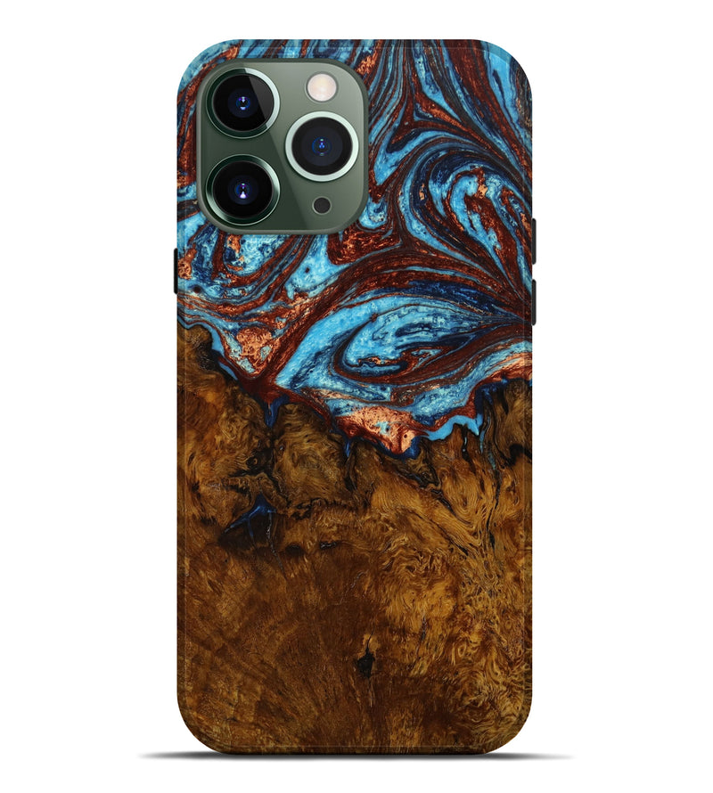 iPhone 13 Pro Max Wood+Resin Live Edge Phone Case - Sharon (Teal & Gold, 643462)