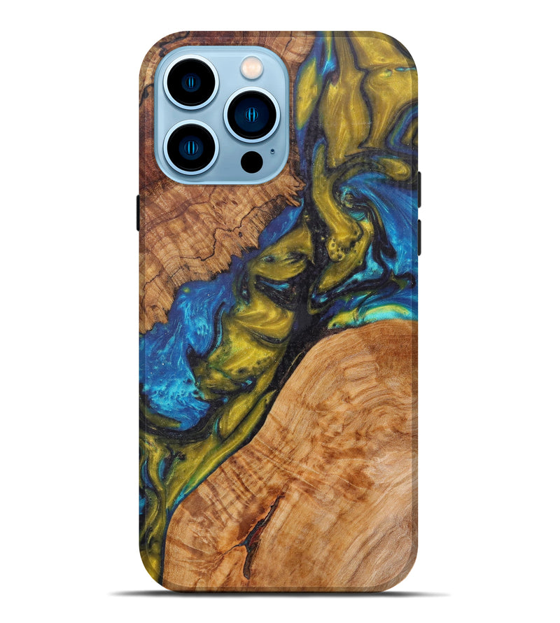 iPhone 14 Pro Max Wood+Resin Live Edge Phone Case - Morton (Teal & Gold, 610356)