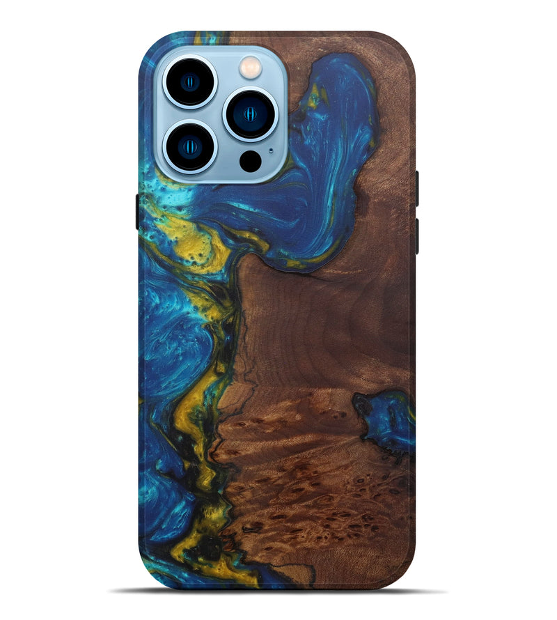 iPhone 14 Pro Max Wood+Resin Live Edge Phone Case - Daryn (Teal & Gold, 592357)