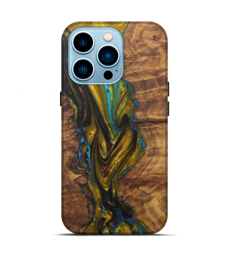 iPhone 14 Pro Wood+Resin Live Edge Phone Case - Vonny (Teal & Gold, 581690)