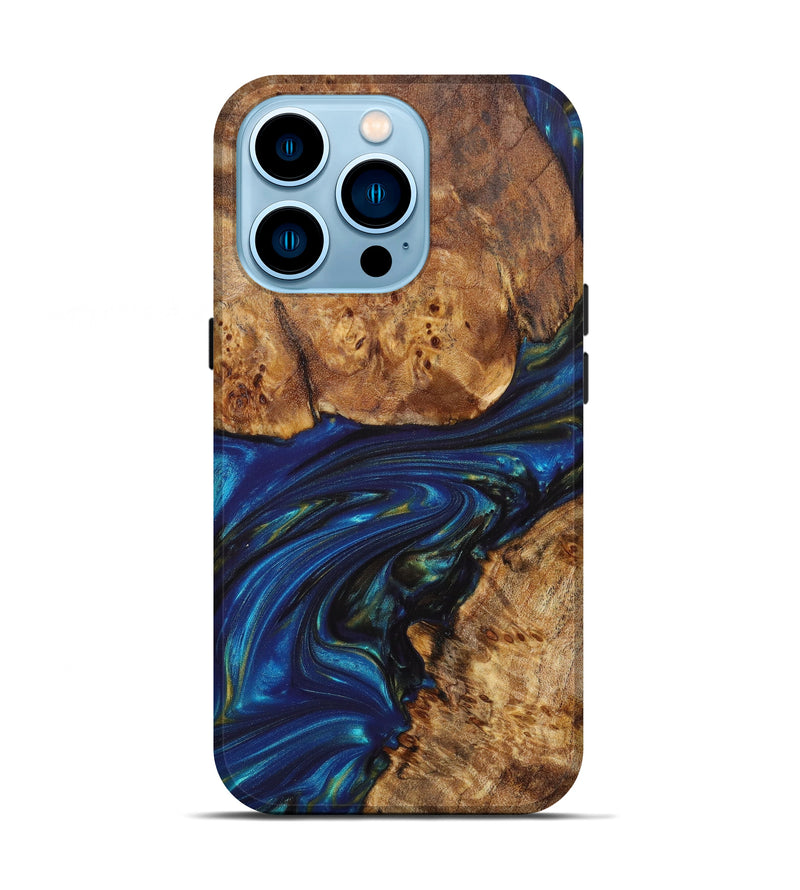 iPhone 14 Pro Wood+Resin Live Edge Phone Case - Nautica (Teal & Gold, 631556)