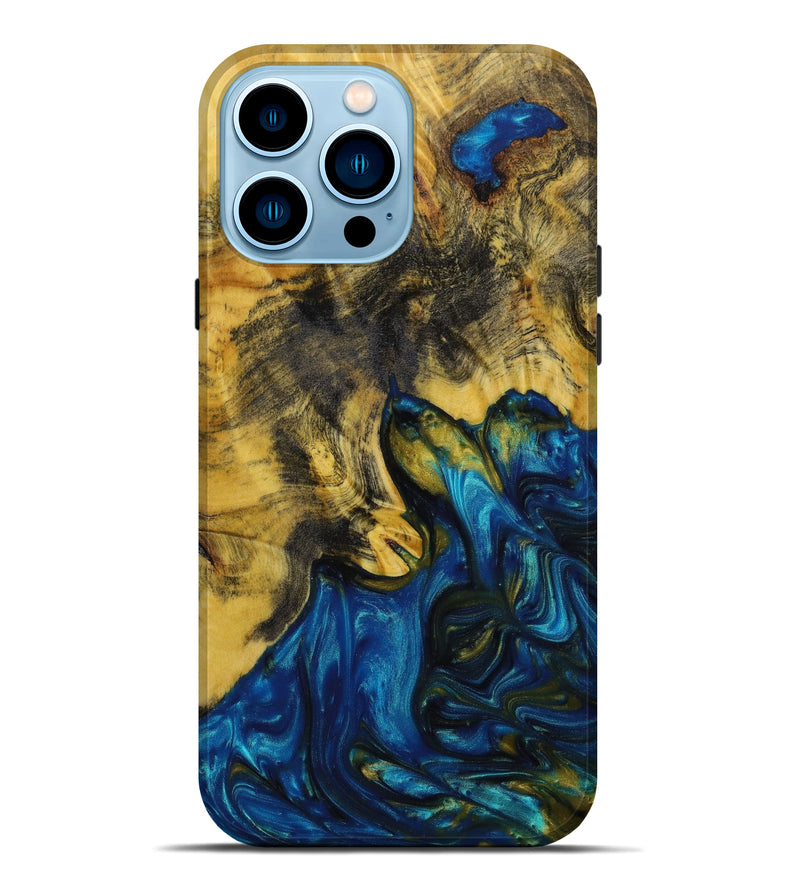 iPhone 14 Pro Max Wood+Resin Live Edge Phone Case - Brian (Teal & Gold, 642851)