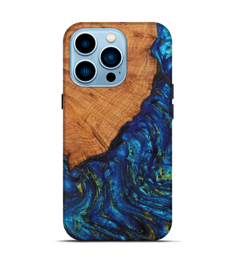 iPhone 14 Pro Wood+Resin Live Edge Phone Case - Philomena (Teal & Gold, 629770)