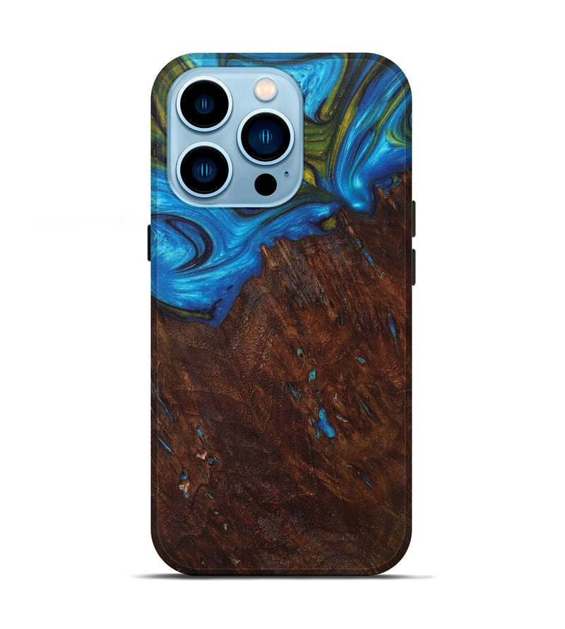 iPhone 14 Pro Wood+Resin Live Edge Phone Case - Sheryl (Teal & Gold, 628013)