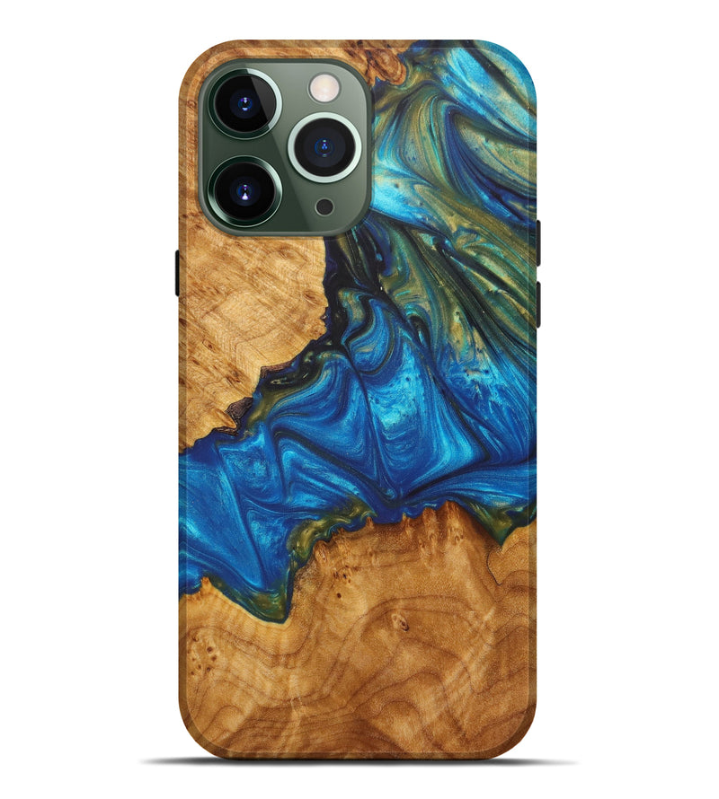 iPhone 13 Pro Max Wood+Resin Live Edge Phone Case - Irving (Teal & Gold, 626971)