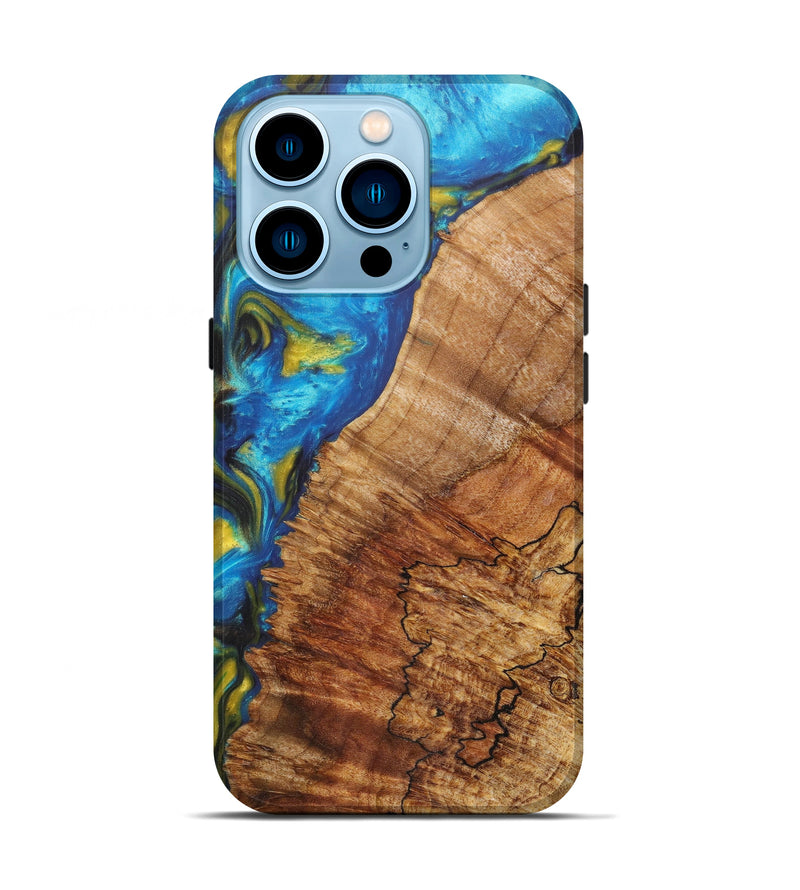 iPhone 14 Pro Wood+Resin Live Edge Phone Case - Fritz (Teal & Gold, 605599)