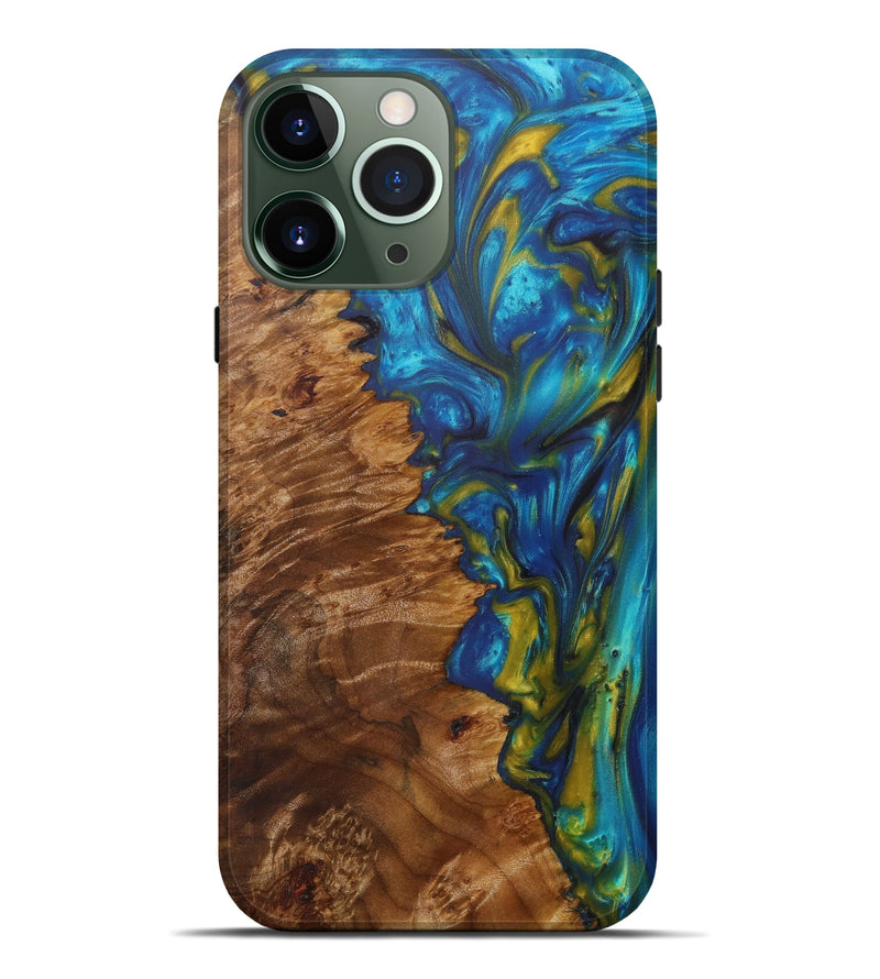 iPhone 13 Pro Max Wood+Resin Live Edge Phone Case - Glynis (Teal & Gold, 610337)