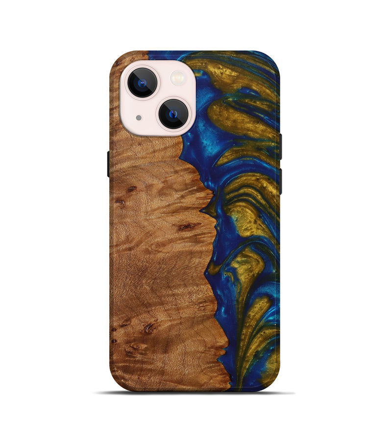 iPhone 13 mini Wood+Resin Live Edge Phone Case - Brittanie (Teal & Gold, 622956)