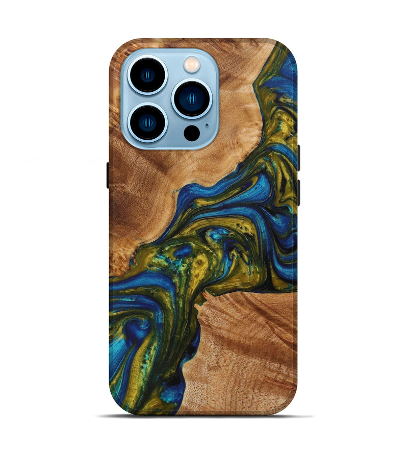 iPhone 14 Pro Wood+Resin Live Edge Phone Case - Kinsley (Teal & Gold, 622963)