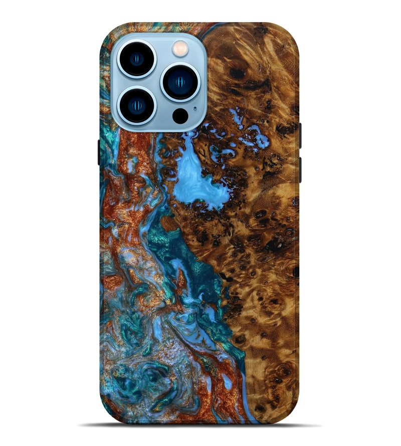 iPhone 14 Pro Max Wood+Resin Live Edge Phone Case - Tony (Teal & Gold, 646720)