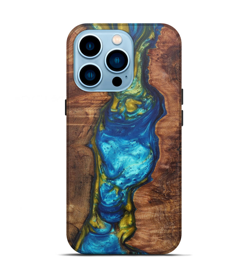 iPhone 14 Pro Wood+Resin Live Edge Phone Case - Carolyn (Teal & Gold, 600136)