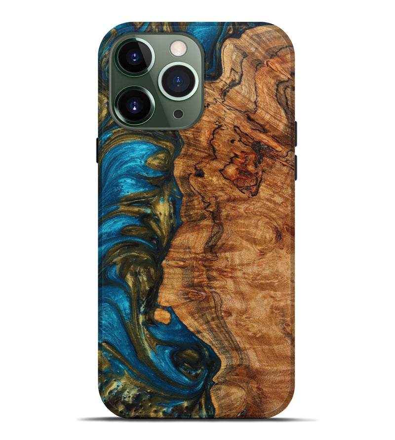 iPhone 13 Pro Max Wood+Resin Live Edge Phone Case - Dewey (Teal & Gold, 636199)
