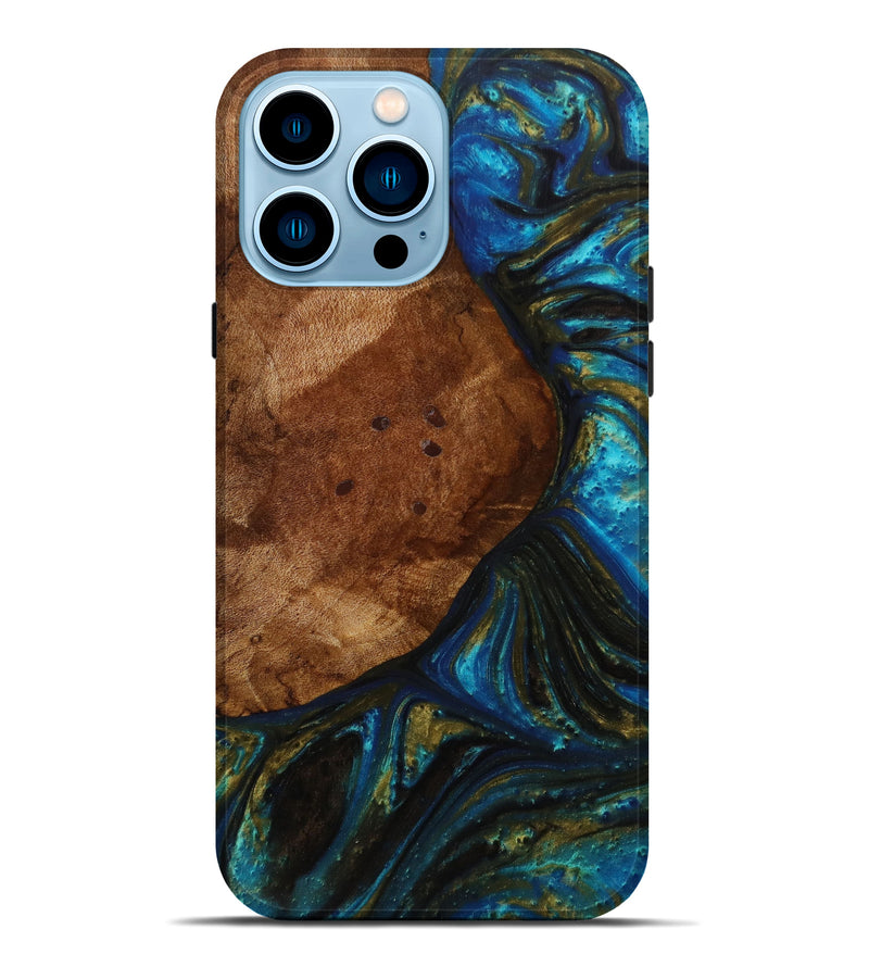 iPhone 14 Pro Max Wood+Resin Live Edge Phone Case - Clay (Teal & Gold, 641953)