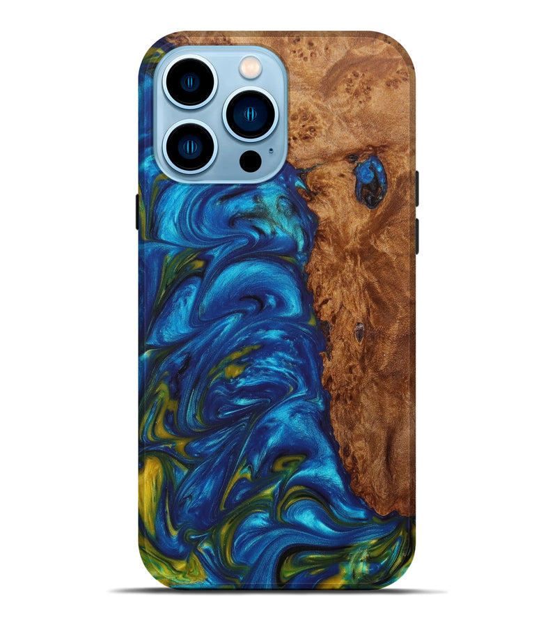 iPhone 14 Pro Max Wood+Resin Live Edge Phone Case - Aura (Teal & Gold, 628977)