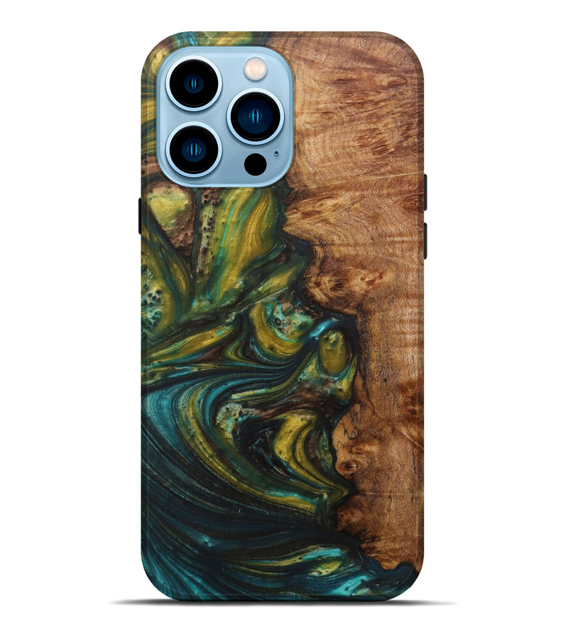 iPhone 14 Pro Max Wood+Resin Live Edge Phone Case - Teruko (Teal & Gold, 596291)