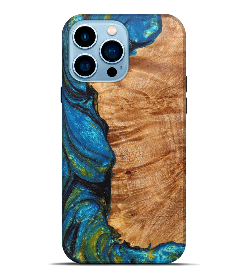 iPhone 14 Pro Max Wood+Resin Live Edge Phone Case - Loraine (Teal & Gold, 606805)