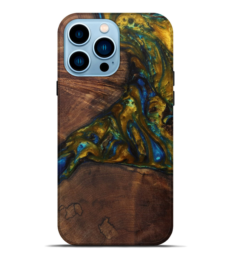 iPhone 14 Pro Max Wood+Resin Live Edge Phone Case - Shuang (Teal & Gold, 584043)