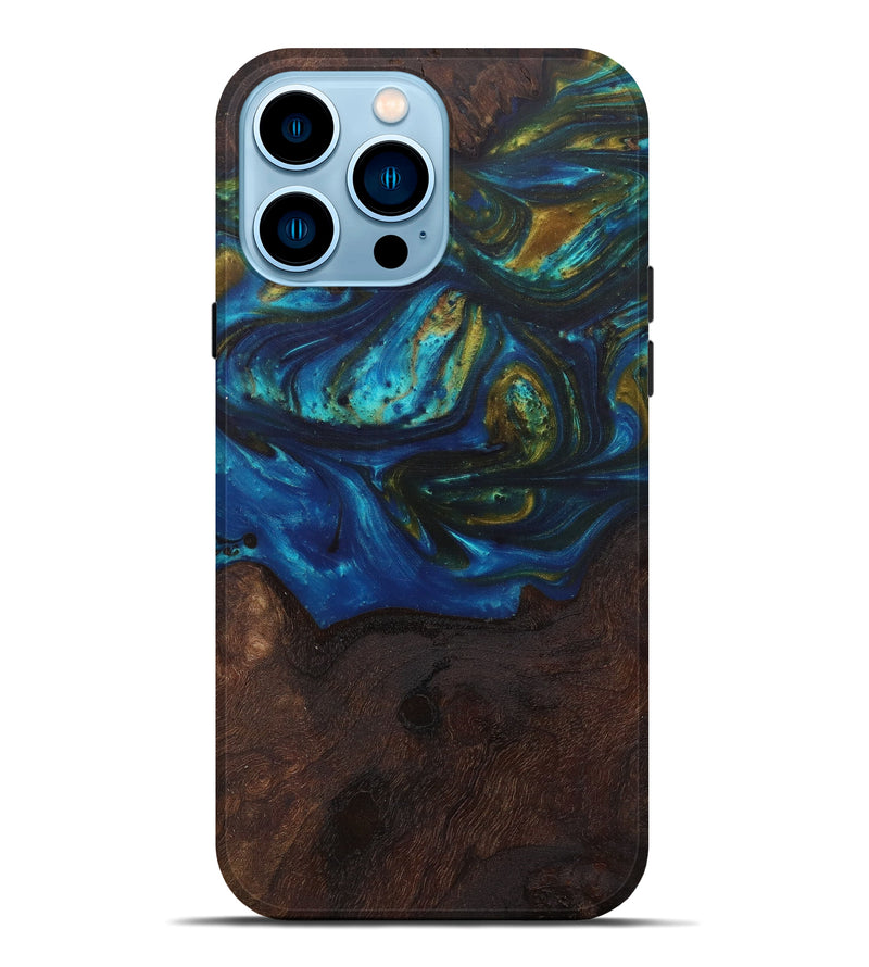 iPhone 14 Pro Max Wood+Resin Live Edge Phone Case - Mada (Teal & Gold, 586102)