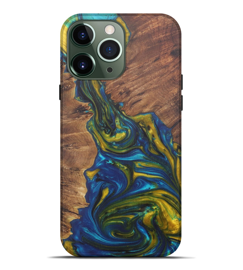 iPhone 13 Pro Max Wood+Resin Live Edge Phone Case - Gretchen (Teal & Gold, 574898)