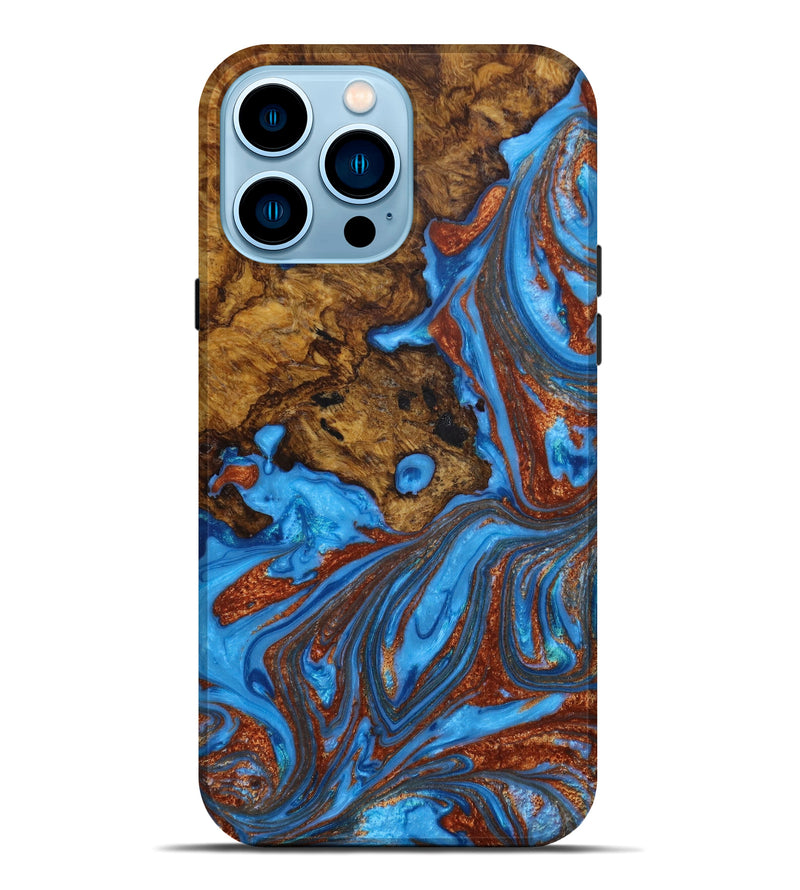 iPhone 14 Pro Max Wood+Resin Live Edge Phone Case - Micheal (Teal & Gold, 647905)