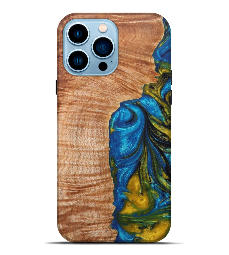 iPhone 14 Pro Max Wood+Resin Live Edge Phone Case - Marje (Teal & Gold, 605605)