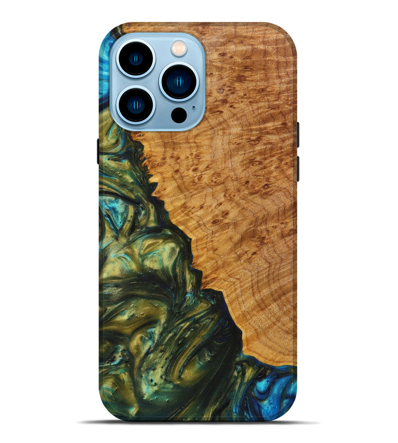 iPhone 14 Pro Max Wood+Resin Live Edge Phone Case - Brigitta (Teal & Gold, 633145)