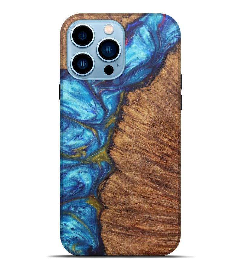 iPhone 14 Pro Max Wood+Resin Live Edge Phone Case - Kassie (Teal & Gold, 606854)
