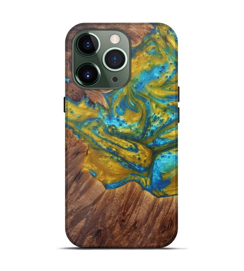 iPhone 13 Pro Wood+Resin Live Edge Phone Case - Jami (Teal & Gold, 574871)