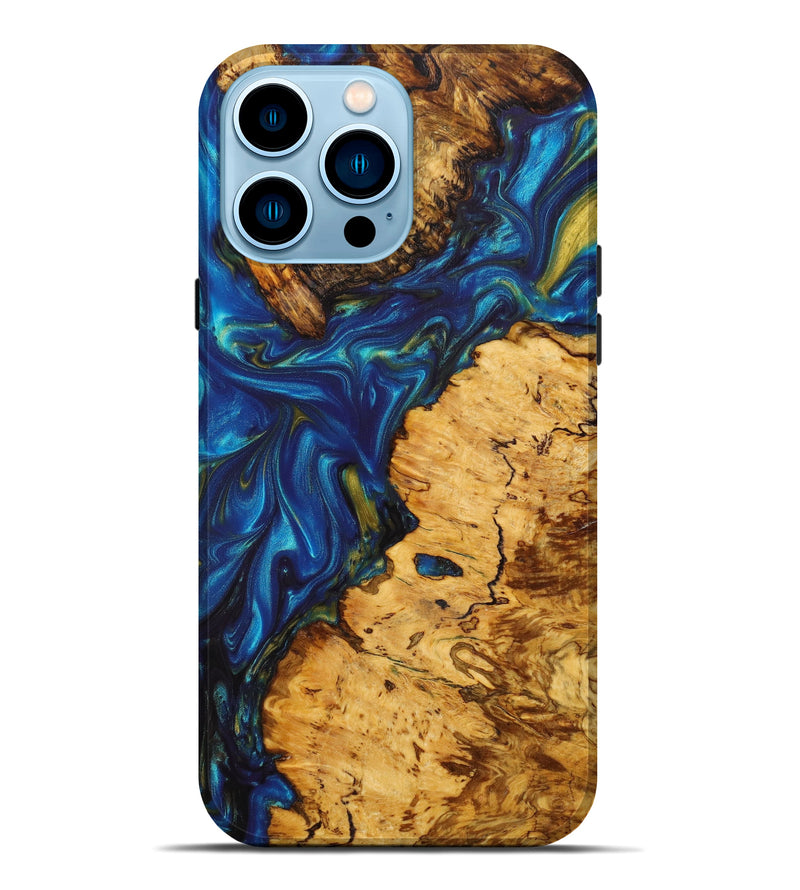 iPhone 14 Pro Max Wood+Resin Live Edge Phone Case - Ortensia (Teal & Gold, 633275)
