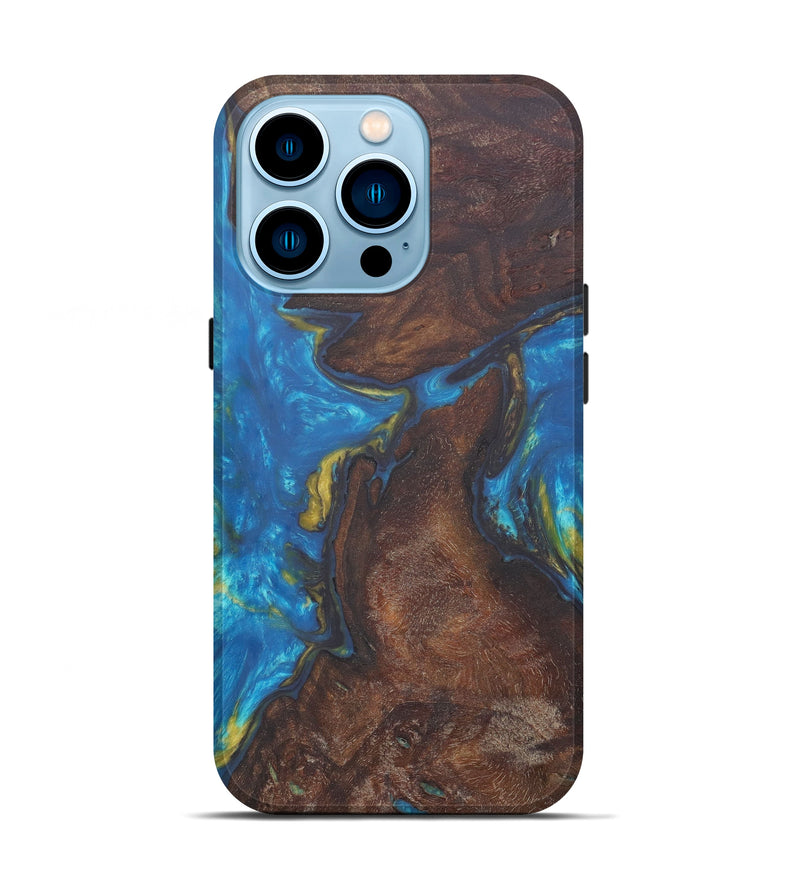 iPhone 14 Pro Wood+Resin Live Edge Phone Case - Tasha (Teal & Gold, 594891)