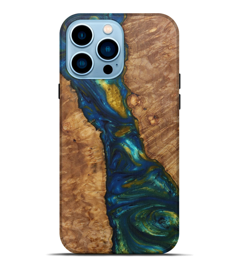 iPhone 14 Pro Max Wood+Resin Live Edge Phone Case - Gerrard (Teal & Gold, 590684)
