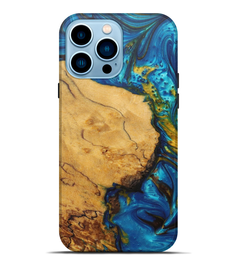 iPhone 14 Pro Max Wood+Resin Live Edge Phone Case - Henrietta (Teal & Gold, 599181)