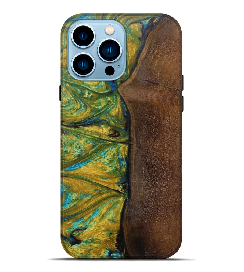 iPhone 14 Pro Max Wood+Resin Live Edge Phone Case - Carroll (Teal & Gold, 599107)