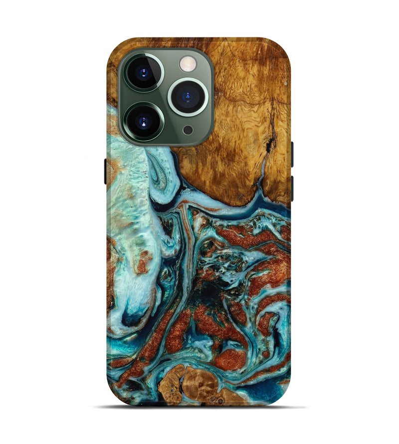iPhone 13 Pro Wood+Resin Live Edge Phone Case - Juliette (Teal & Gold, 648564)