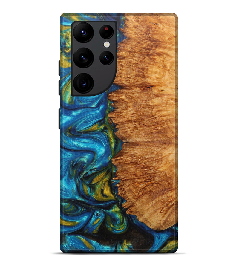 Galaxy S22 Ultra Wood+Resin Live Edge Phone Case - Ahmad (Teal & Gold, 597321)