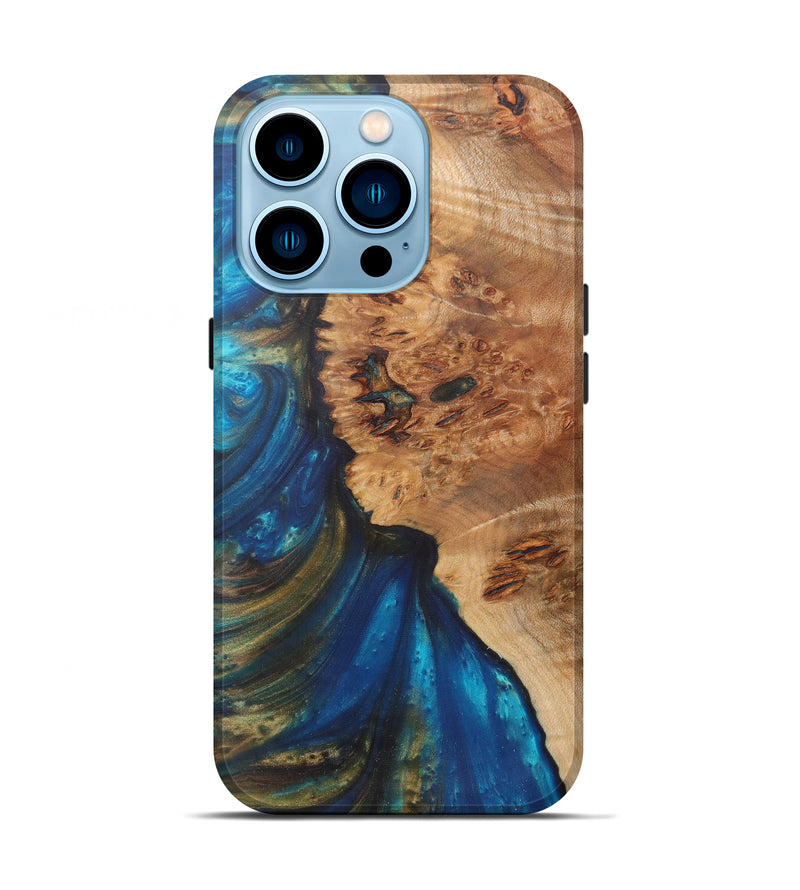 iPhone 14 Pro Wood+Resin Live Edge Phone Case - Georgina (Teal & Gold, 590648)