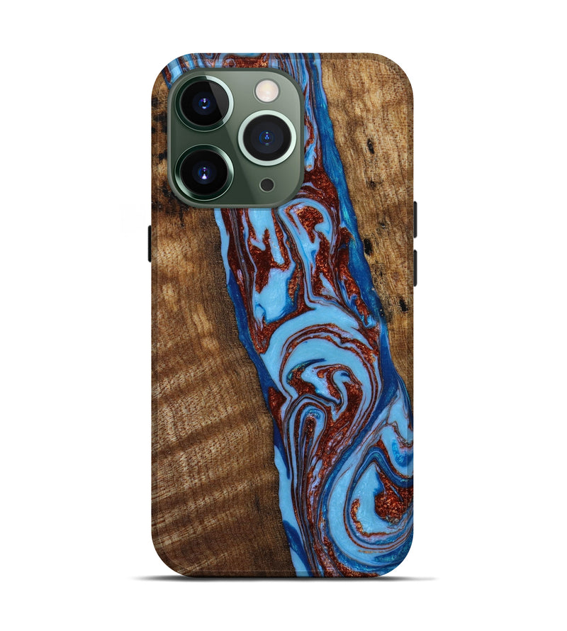 iPhone 13 Pro Wood+Resin Live Edge Phone Case - Aisha (Teal & Gold, 647616)