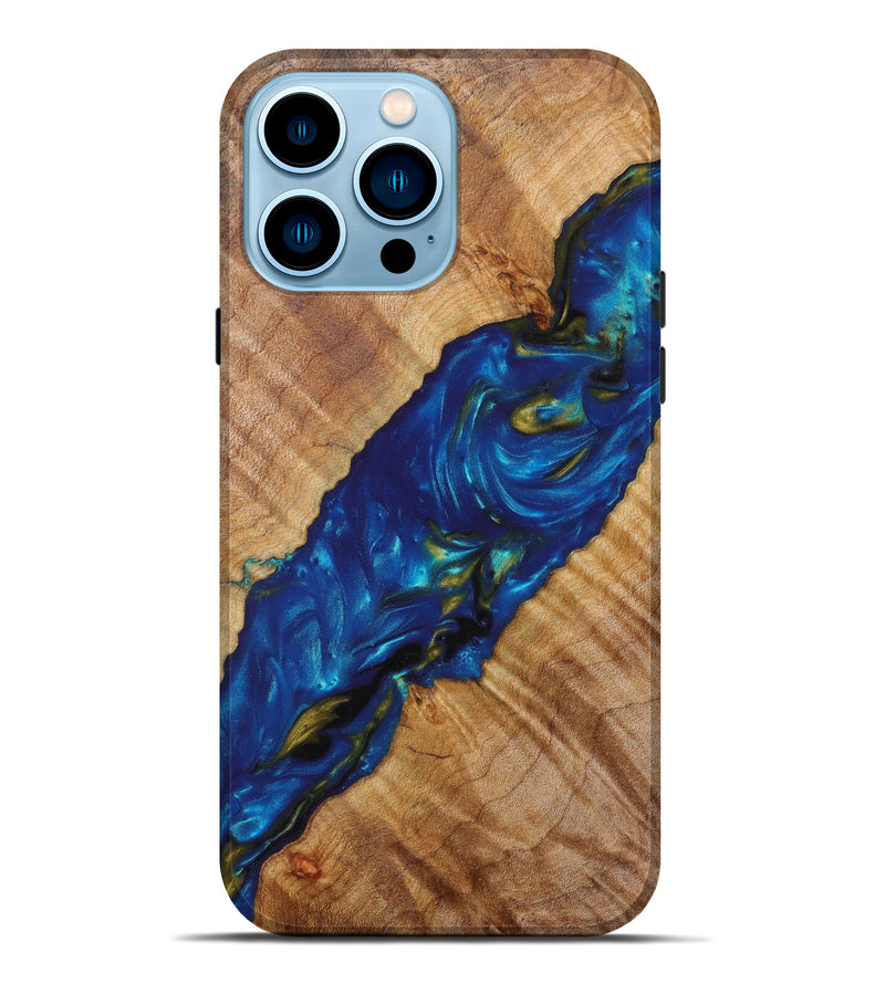 iPhone 14 Pro Max Wood+Resin Live Edge Phone Case - Sean (Teal & Gold, 635689)