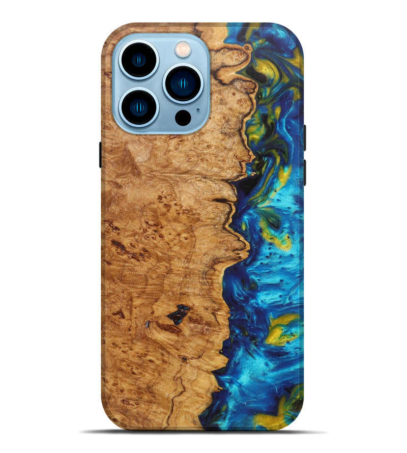 iPhone 14 Pro Max Wood+Resin Live Edge Phone Case - Dasia (Teal & Gold, 616683)