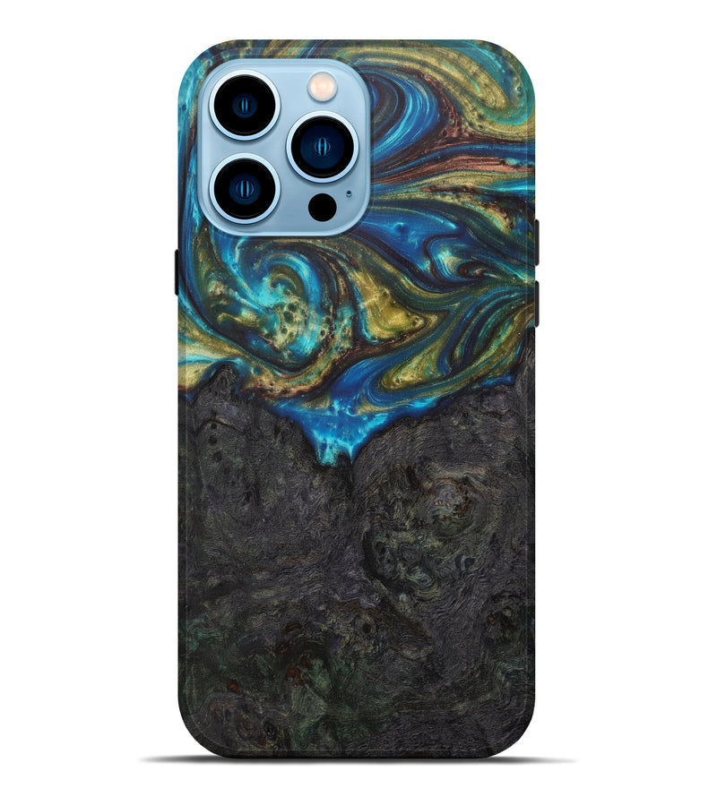 iPhone 14 Pro Max Wood+Resin Live Edge Phone Case - Krissie (Teal & Gold, 588014)