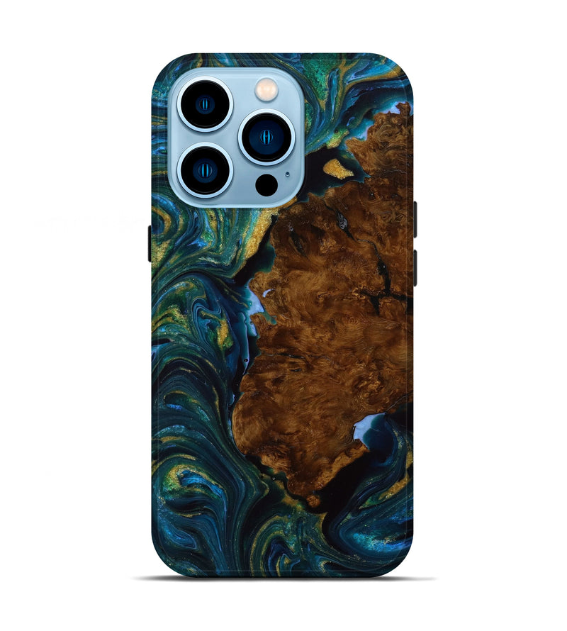iPhone 14 Pro Wood+Resin Live Edge Phone Case - Rene (Teal & Gold, 647615)