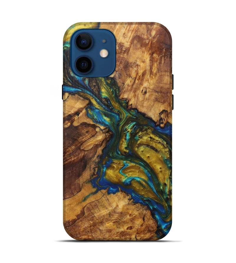 iPhone 12 Wood+Resin Live Edge Phone Case - Dulsea (Teal & Gold, 599105)