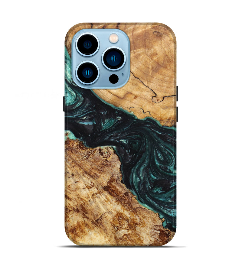 iPhone 14 Pro Wood+Resin Live Edge Phone Case - Ellene (Green, 633817)