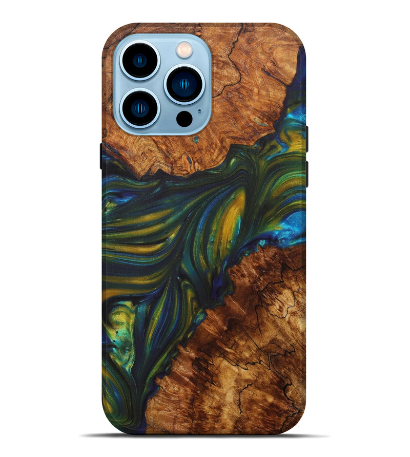 iPhone 14 Pro Max Wood+Resin Live Edge Phone Case - Ryland (Teal & Gold, 628662)