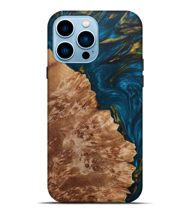 iPhone 14 Pro Max Wood+Resin Live Edge Phone Case - Dan (Teal & Gold, 636198)