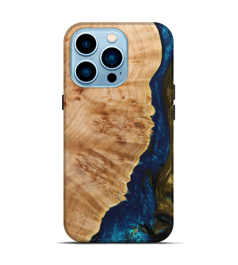 iPhone 14 Pro Wood+Resin Live Edge Phone Case - Annika (Teal & Gold, 638544)