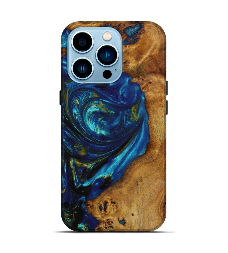 iPhone 14 Pro Wood+Resin Live Edge Phone Case - Joan (Teal & Gold, 641951)