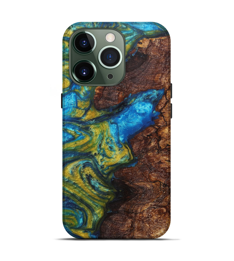 iPhone 13 Pro Wood+Resin Live Edge Phone Case - Seven (Teal & Gold, 621635)